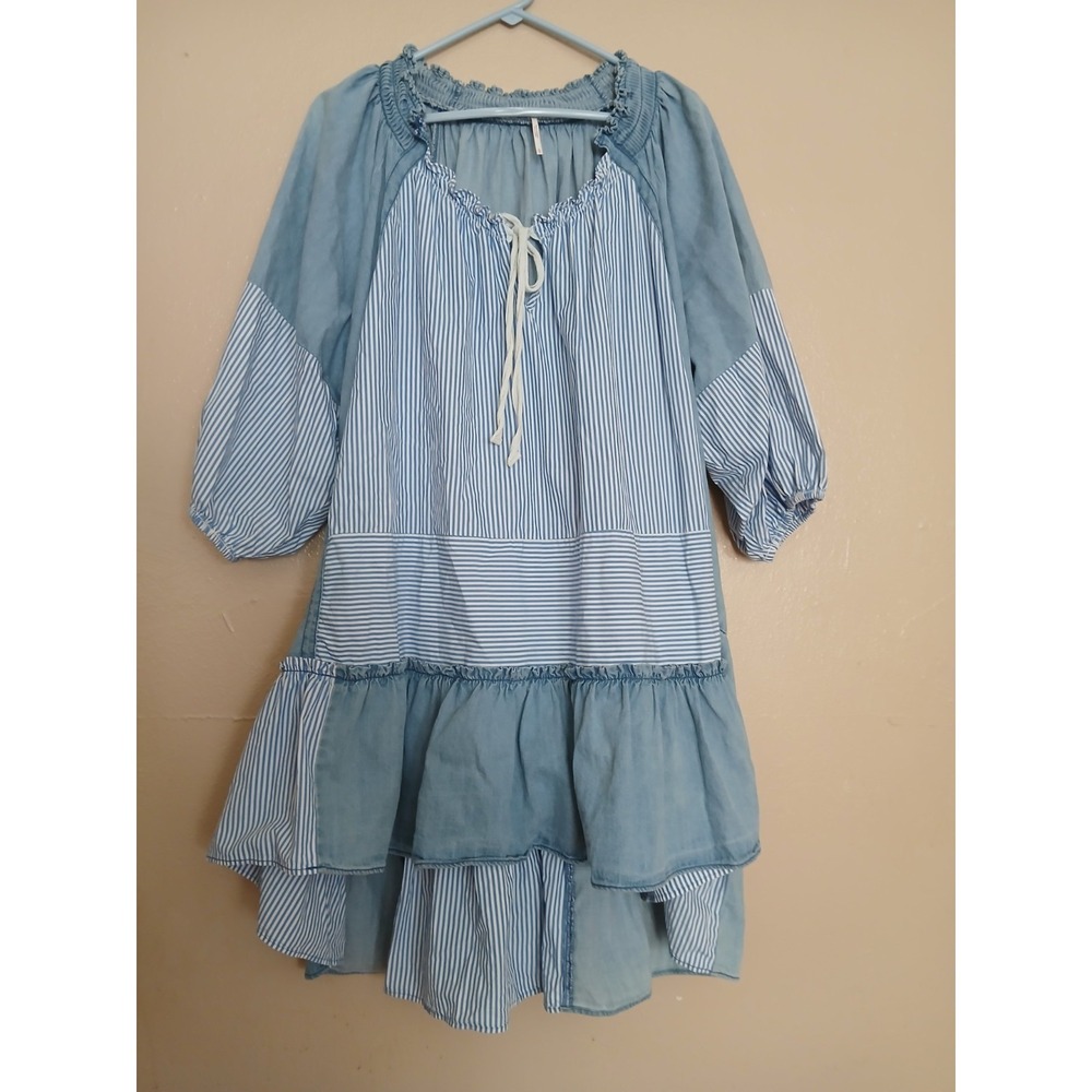 Free People Dress Medium Denim Keegan Tunic Patchwork Peasant Bohemian Cottage